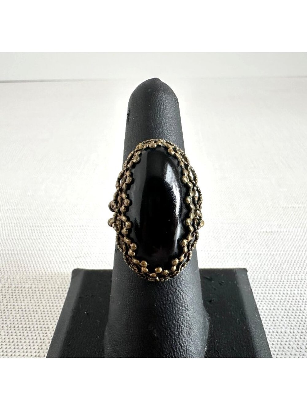 Vintage Brass Filigree Ring Elongated Black Glass Cabochon Adjustable Size 7